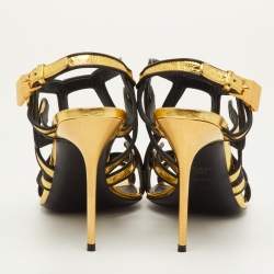 مملوكة مسبقًا Balmain Urania Size 40 Gold/Black Crinkle Leather Caged Ankle Strap Sandals