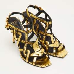 مملوكة مسبقًا Balmain Urania Size 40 Gold/Black Crinkle Leather Caged Ankle Strap Sandals