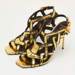 مملوكة مسبقًا Balmain Urania Size 40 Gold/Black Crinkle Leather Caged Ankle Strap Sandals
