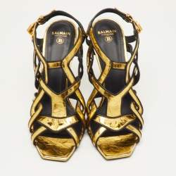 مملوكة مسبقًا Balmain Urania Size 40 Gold/Black Crinkle Leather Caged Ankle Strap Sandals