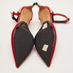 Pre Owned حذاء كعب عالي بالمان جلد شامواه وحبس باللون الأحمر محفور بشعار ومقاس 38