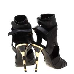 Balmain Black Leather Kali Cut Out Ankle Length Sandals Size 36.5