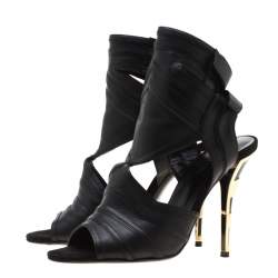 Balmain Black Leather Kali Cut Out Ankle Length Sandals Size 36.5