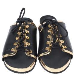 Pre Owned Balmain Black Leather Lace Up Flat Sandals Size 39