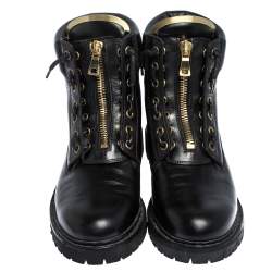 Pre Owned Balmain Black Leather Zip Front Ranger Boots Size 40