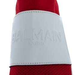 Balmain Red/White Stretch Knit and Leather Embossed Logo High Top Sneakers Size 36.5
