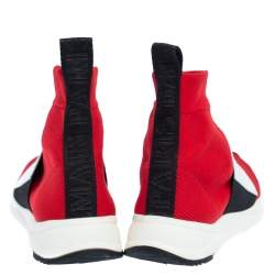 Balmain Red/White Stretch Knit and Leather Embossed Logo High Top Sneakers Size 36.5