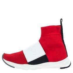 Balmain Red/White Stretch Knit and Leather Embossed Logo High Top Sneakers Size 36.5