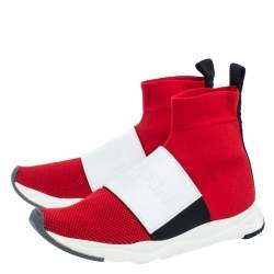 Balmain Red/White Stretch Knit and Leather Embossed Logo High Top Sneakers Size 36.5