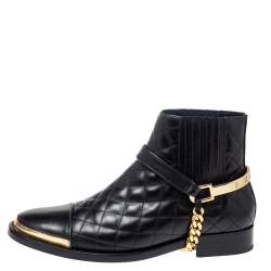 Balmain Black Quilted Leather Chain Details Boots Size 37.5