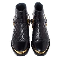 Balmain Black Quilted Leather Chain Details Boots Size 37.5