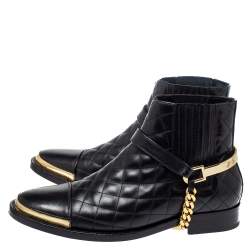 Balmain Black Quilted Leather Chain Details Boots Size 37.5