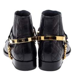 Balmain Black Quilted Leather Chain Details Boots Size 37.5
