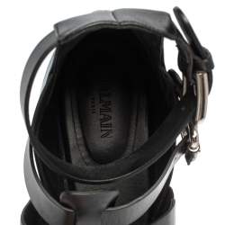 Pre Owned Balmain Black Leather Chris Embossed Logo Flat Sandals Size 41