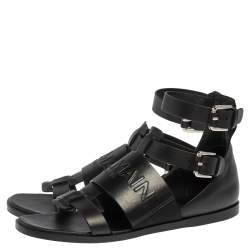 Pre Owned Balmain Black Leather Chris Embossed Logo Flat Sandals Size 41