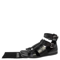Pre Owned Balmain Black Leather Chris Embossed Logo Flat Sandals Size 41
