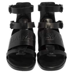 Pre Owned Balmain Black Leather Chris Embossed Logo Flat Sandals Size 41