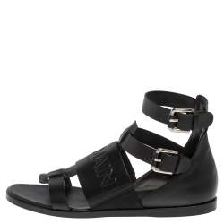 Pre Owned Balmain Black Leather Chris Embossed Logo Flat Sandals Size 41