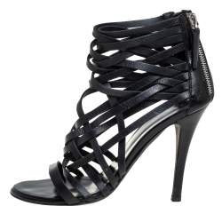 Pre Owned Balmain Black Leather Strappy Zipper Sandals Size 37.5