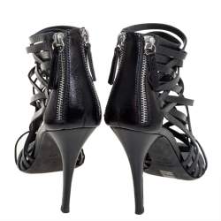 Pre Owned Balmain Black Leather Strappy Zipper Sandals Size 37.5