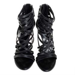 Pre Owned Balmain Black Leather Strappy Zipper Sandals Size 37.5