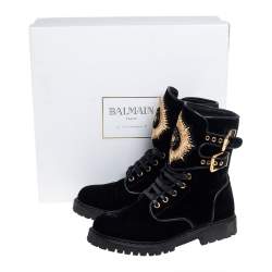 Balmain Black Velvet Embellished Eagle Combat Boots Size 37