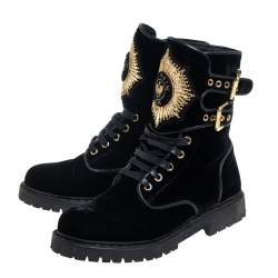 Balmain Black Velvet Embellished Eagle Combat Boots Size 37