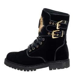 Balmain Black Velvet Embellished Eagle Combat Boots Size 37
