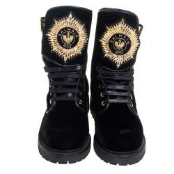 Balmain Black Velvet Embellished Eagle Combat Boots Size 37