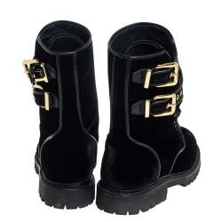 Balmain Black Velvet Embellished Eagle Combat Boots Size 37