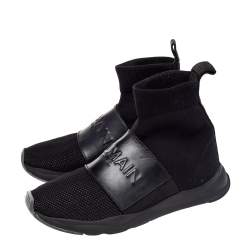 Balmain Black Leather And Knit Fabric Cameron High Top Sneakers Size 35