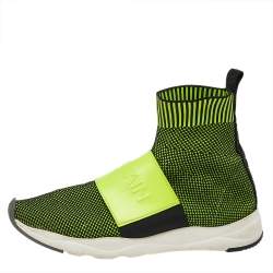 Balmain Black/Green Knit Fabric And Leather Cameron Running High Top Sneakers Size 40