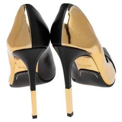 Pre Owned Balmain Black/Gold Leather Pointed Toe Pumps Size 39