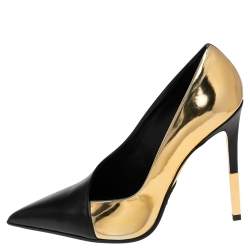 Pre Owned Balmain Black/Gold Leather Pointed Toe Pumps Size 39