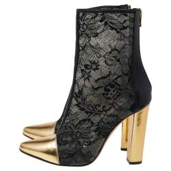 Pre Owned Balmain Black/Gold Leather And Lace Cap Toe Ankle Length Boots Size 41