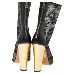 Pre Owned Balmain Black/Gold Leather And Lace Cap Toe Ankle Length Boots Size 41