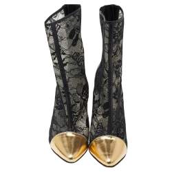 Pre Owned Balmain Black/Gold Leather And Lace Cap Toe Ankle Length Boots Size 41