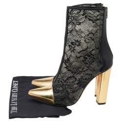 Pre Owned Balmain Black/Gold Leather And Lace Cap Toe Ankle Length Boots Size 41