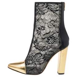 Pre Owned Balmain Black/Gold Leather And Lace Cap Toe Ankle Length Boots Size 41