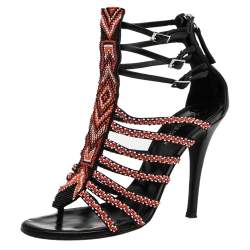 Pre Owned Balmain Multicolor Sequins And Leather Strappy Sandals Size 37