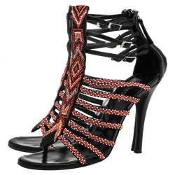 Pre Owned Balmain Multicolor Sequins And Leather Strappy Sandals Size 37