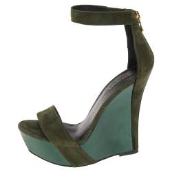 Balmain Green Suede Platform Ankle Strap Sandals Size 37