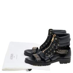 Pre Owned Balmain Black Leather Embellished Flat Sandals Size 37