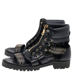 Pre Owned Balmain Black Leather Embellished Flat Sandals Size 37