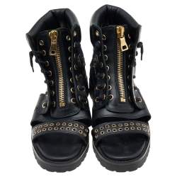 Pre Owned Balmain Black Leather Embellished Flat Sandals Size 37