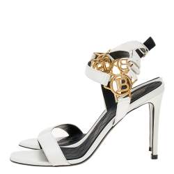 Pre Owned Balmain White Leather Pernille Logo Ankle Strap Sandals Size 37