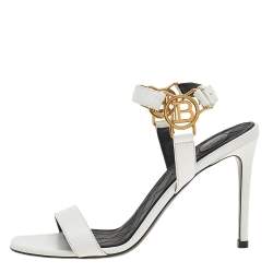 Pre Owned Balmain White Leather Pernille Logo Ankle Strap Sandals Size 37