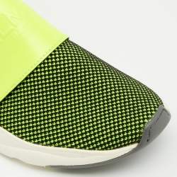 Pre Owned Balmain Neon Green Stretch Knit And Leather Cameron Embossed Logo High Top Sneakers Size 39