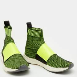 Pre Owned Balmain Neon Green Stretch Knit And Leather Cameron Embossed Logo High Top Sneakers Size 39