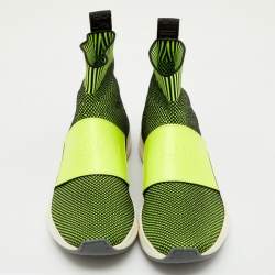 Pre Owned Balmain Neon Green Stretch Knit And Leather Cameron Embossed Logo High Top Sneakers Size 39